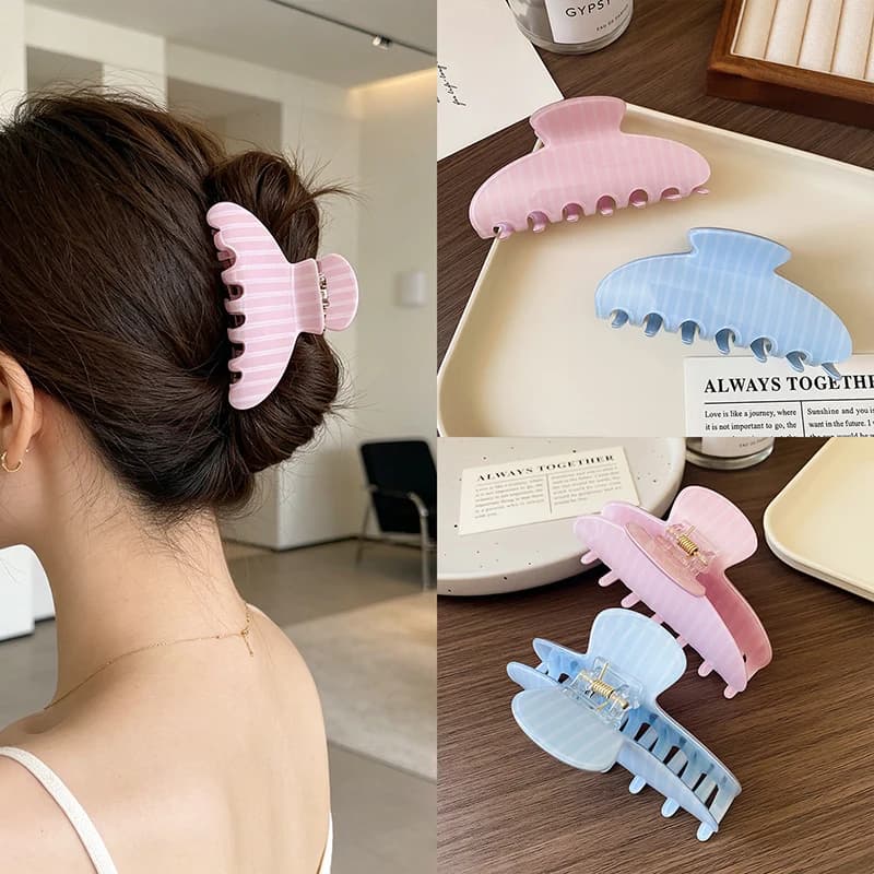 Summer Thin Stripe Acetic Acid Hair Claw Korean Ins Preppy StyleShark Clip For Medium Long Hair Gentle Daily Hair Accessory