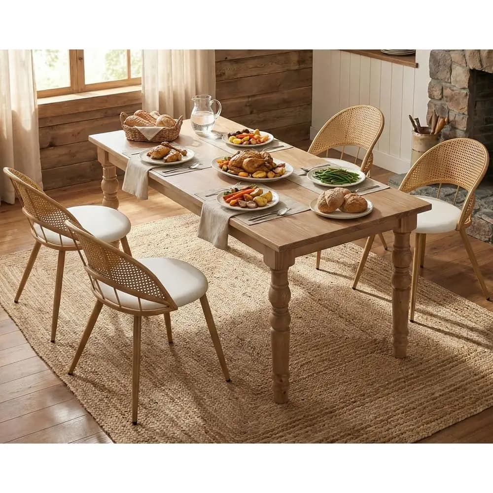 Set di 4 sedie da pranzo in rattan con cuscini in pelle e poggiapiedi regolabili, imbottite in stile Boho, bianche