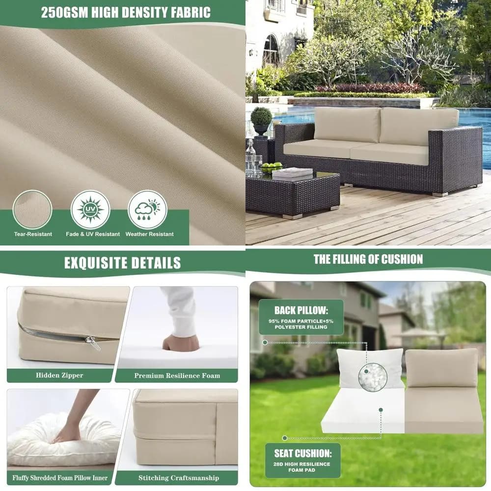 Fodera rimovibile impermeabile Cuscino e cuscino per divano per sedile profondo da esterno, crema, 25,6 x 25,6 per divano componibile