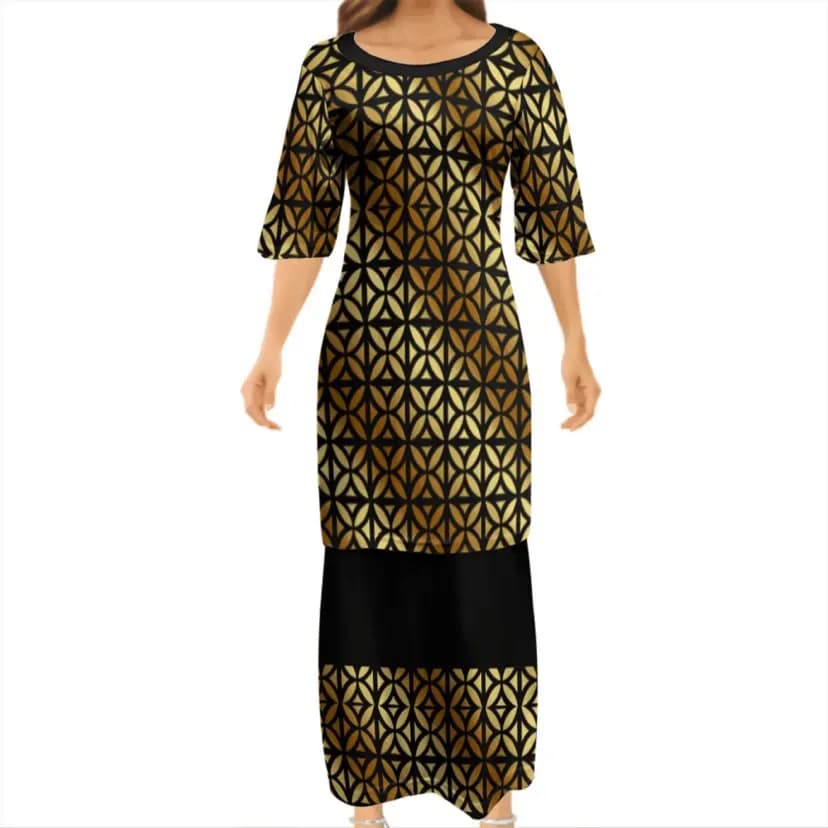 Nero Oro Supporta il tuo design Abito elegante estivo Samoano Puletasi Party Abito da donna Abbigliamento samoano