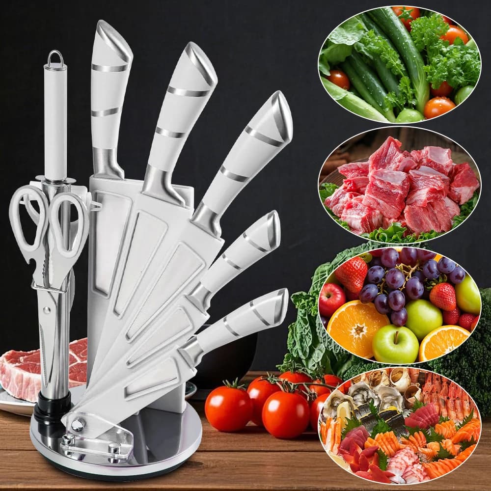 MDHAND 9 pieces Set of kitchen knive blocks Stainless steel sharpened pots with swivel holder for scissors and trimming machine