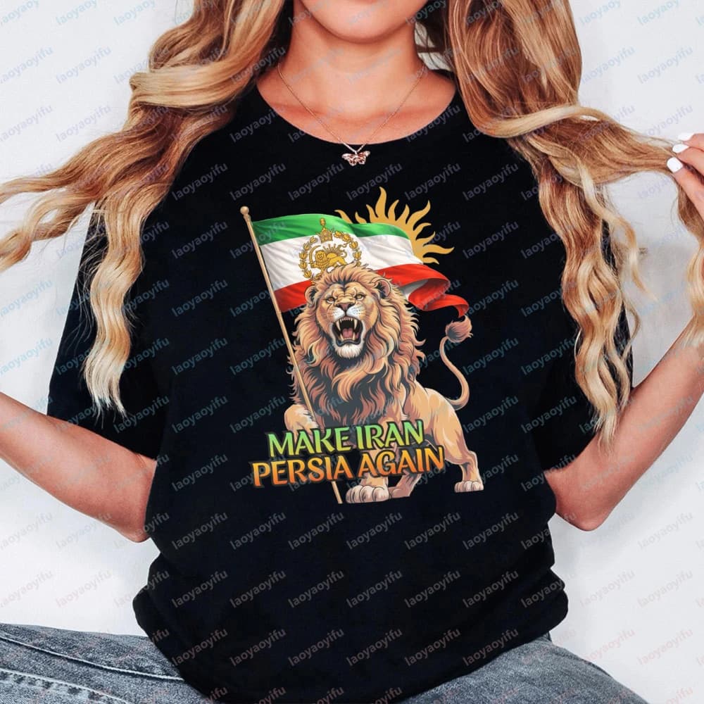 T-shirt da donna in cotone con stampa Leone e Bandiera dell'Iran, a maniche corte, girocollo, casual, alla moda, per amanti dell'Iran, con motivo Leone, che fa risuonare il nome di Persia
