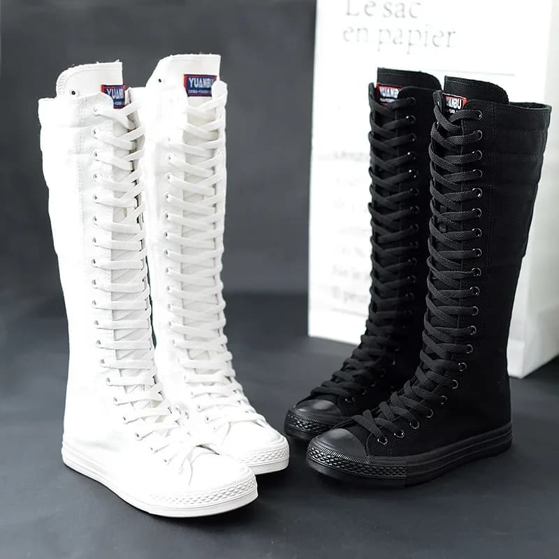 Scarpe da donna in tela Scarpe alte casual Stivale lungo Cerniera con lacci Comode scarpe da ginnastica piatte Tenis Feminino Primavera Autunno