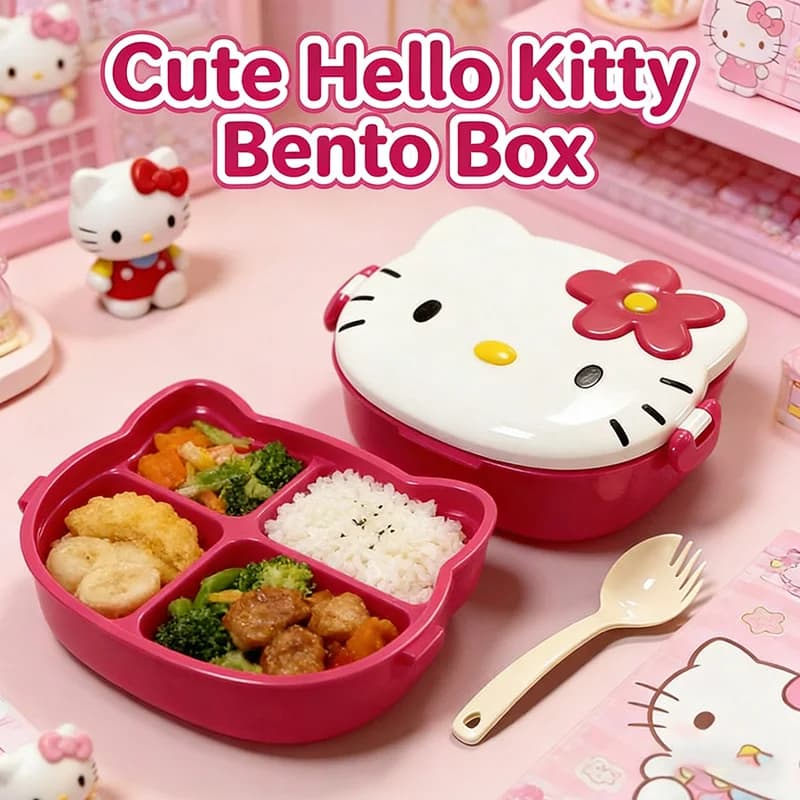 Contenitore per Pranzo a Doppio Strato Kitty, Ermetico e di Grado Alimentare, Design Carino e Kawaii, Portatile per Lavoratori d'Ufficio