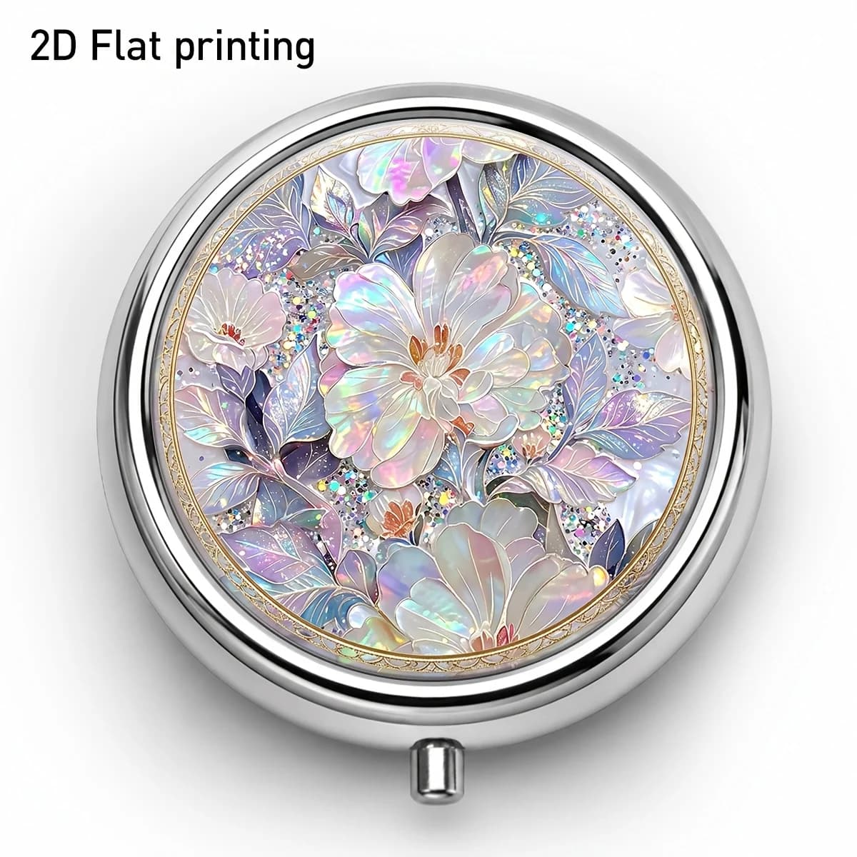 Single pack, flat print, iridescent pearlescent floral round portable pill box, three compartments, dedicated compartments for vitamins and supplements, compact size saves space, convenient for home, commuting, travel, and camping