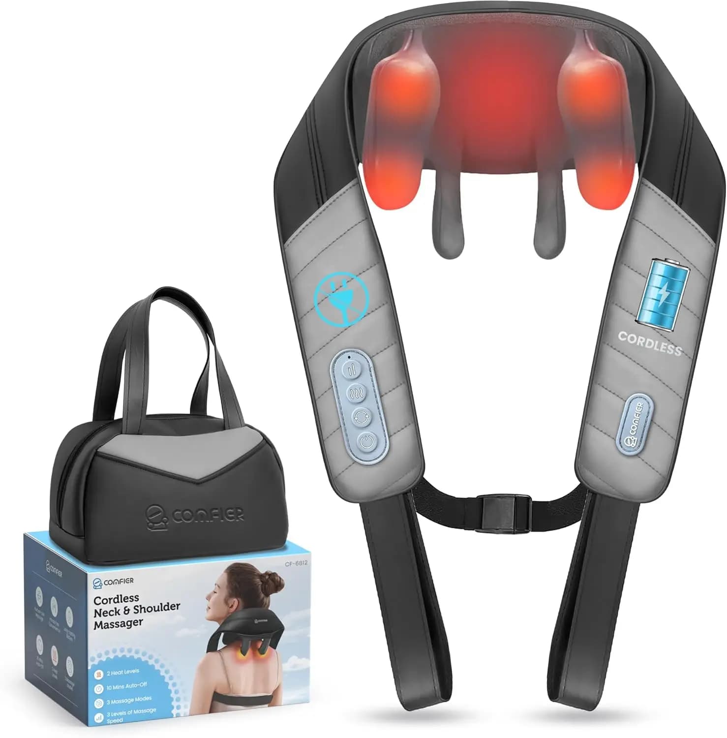 Massaggiatore 4D per Collo e Spalle con Calore, Massaggiatore Shiatsu Senza Fili per Schiena, Cuscino Massaggiante a Mani Libere con Borsa per il Trasporto