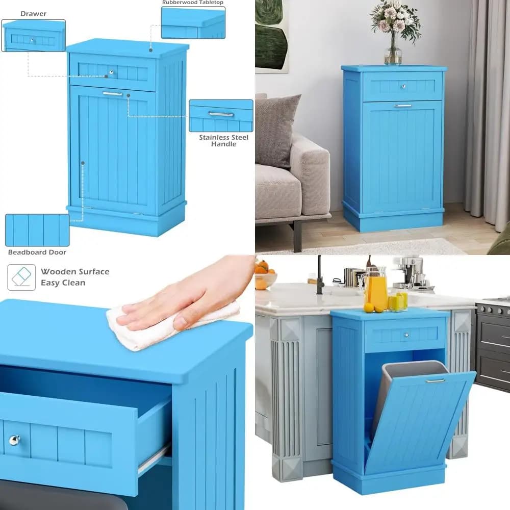 Mobiletto Portabiancheria in Legno da 10 Galloni con Contenitore Riciclabile, Blu Chiaro, Porta Singola