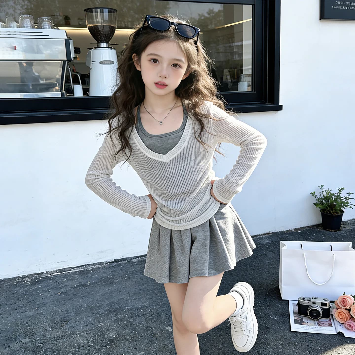 2026 New Summer Girls Clothes Children Set Teen Mesh T-Shirt Blouse Tank Top + Grey Pleated Skirt 4 8 10 12 14 Year Korea Style