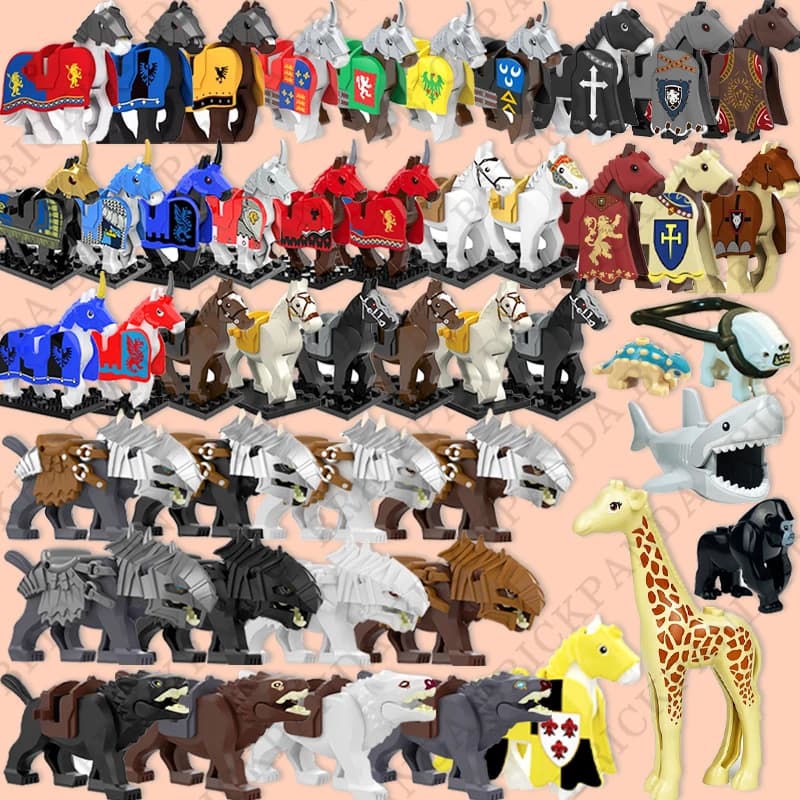 MOC Medievale Building Blocks Figura Accessori Zoo Elefante Africano Cammello Cervo Lupo Coccodrillo Cavalluccio Animale Mattoni Giocattoli Regali