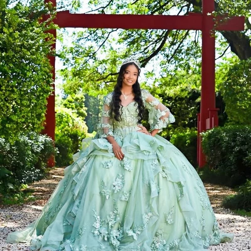 Personalizzato lucido verde menta con spalle scoperte abito Quinceanera paillettes applique tull pizzo fiore 3D abiti da 15 Quinceanera