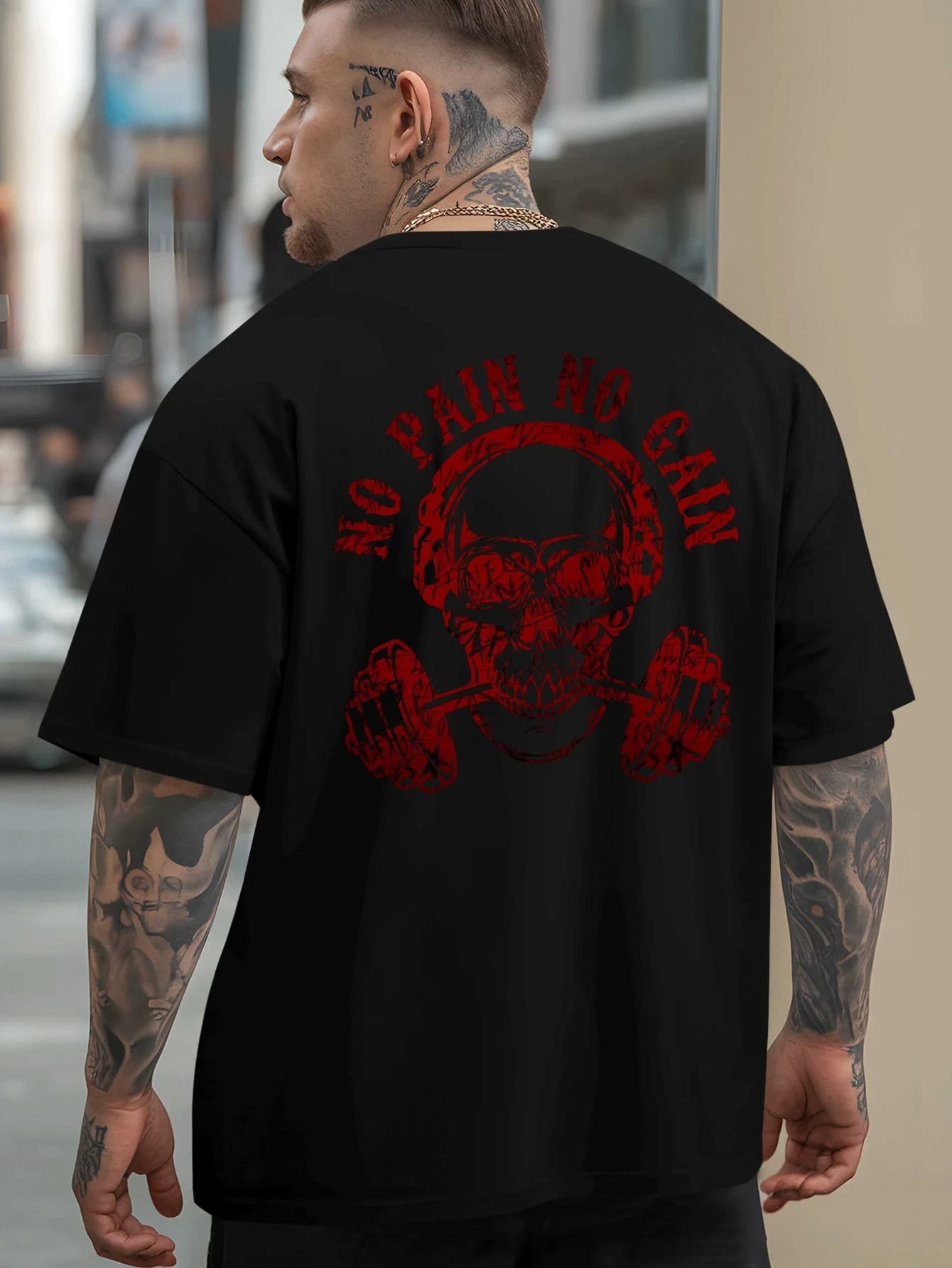 T-shirt da uomo taglie forti per fitness, design scheletro e manubrio, in cotone, adatta per esercizi di sollevamento pesi, top ampio per muscoli