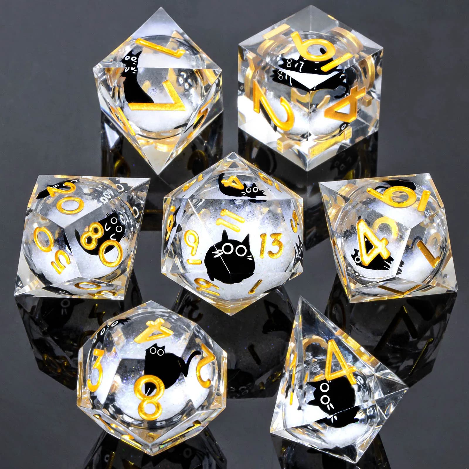 Set di dadi con nucleo liquido Cat DND, set di dadi Dungeon e drago in resina con bordo affilato, dadi D e D per giochi di ruolo D20 D12 D10 D8 D6 D4