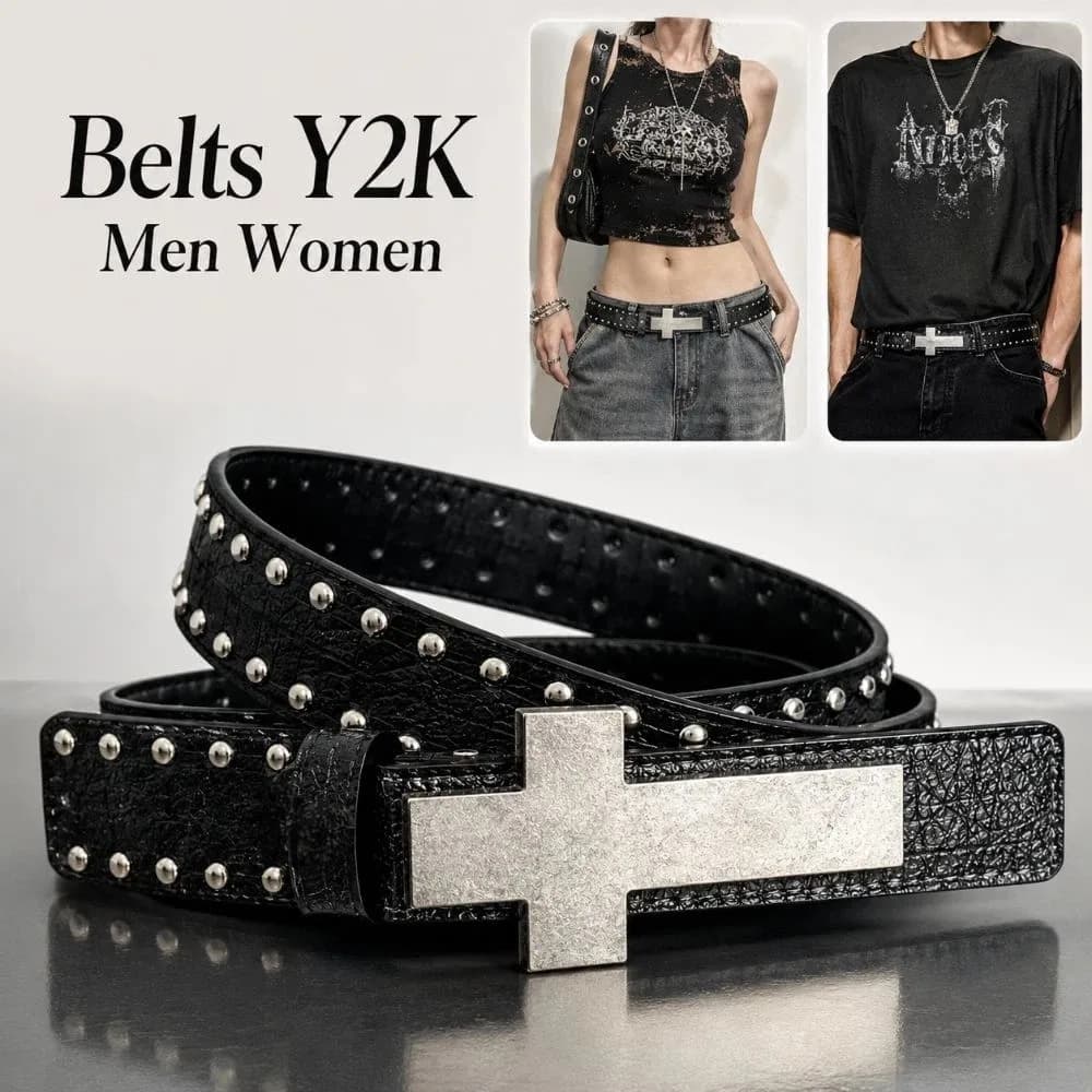 Trendy Y2K Punk Cross Belt Gothic Hip Hop Rivet Studded Belt PU Leather Retro Streetwear Waist Belt For Men Women Jeans