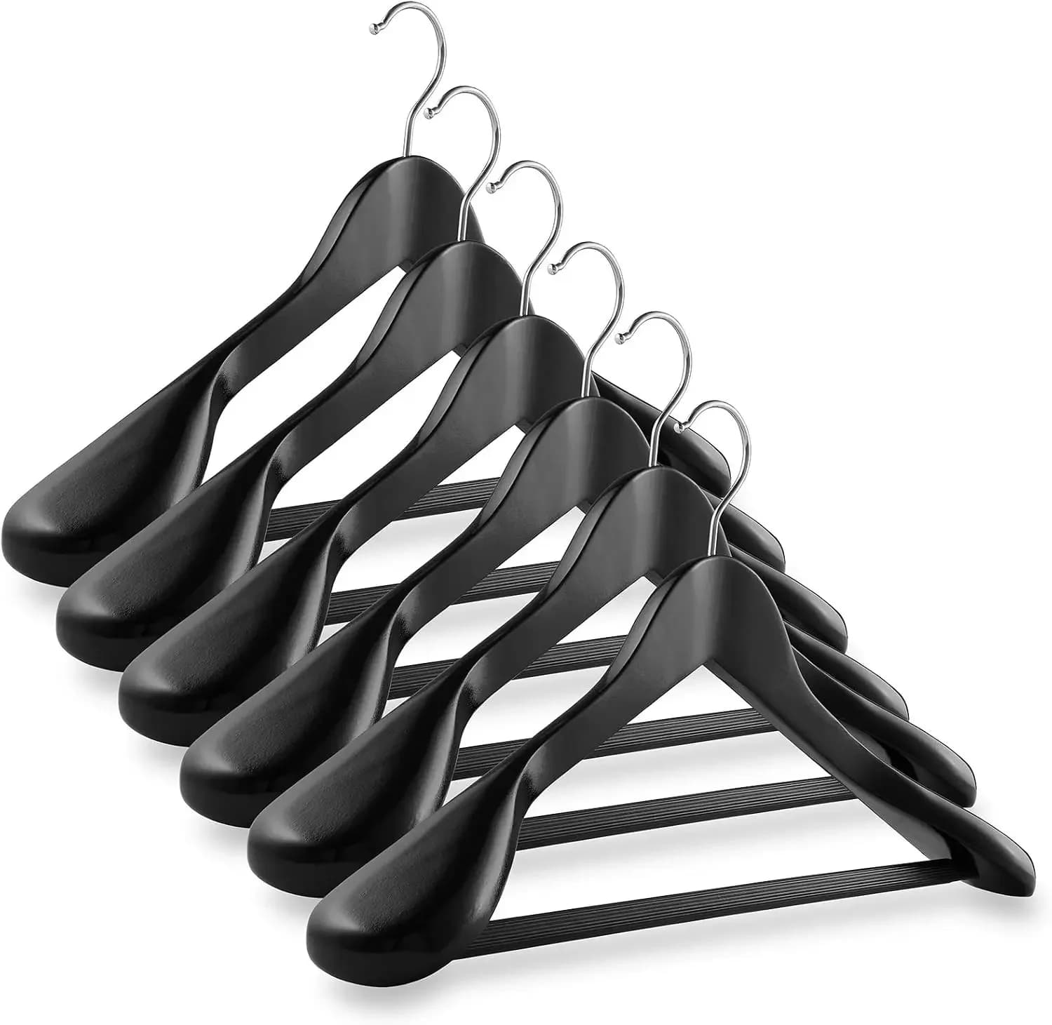 6 Black Wide Shoulder Wooden Suit Hangers - Premium Lotus Wood, Non-Slip Pant Bar Chrome Swivel Hook for Dress Clothes, Coats, Jackets, Pants, Shirts, Skirts
