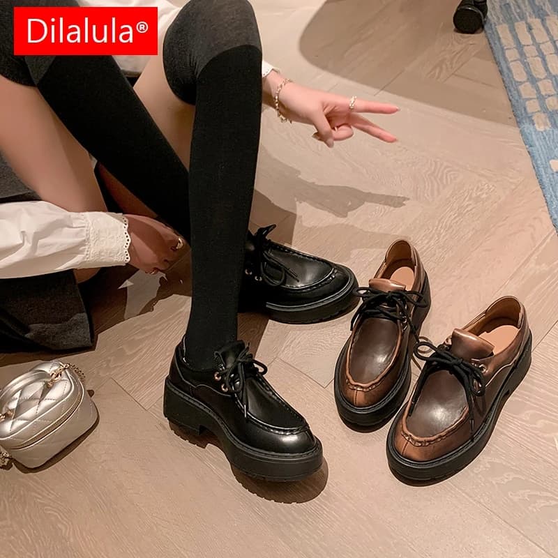 Dilaula 2026 Popular Women's genuine leather shoes Décolleté with plateaus with laces High heels and thick women's loafers Autumn daily leather shoes