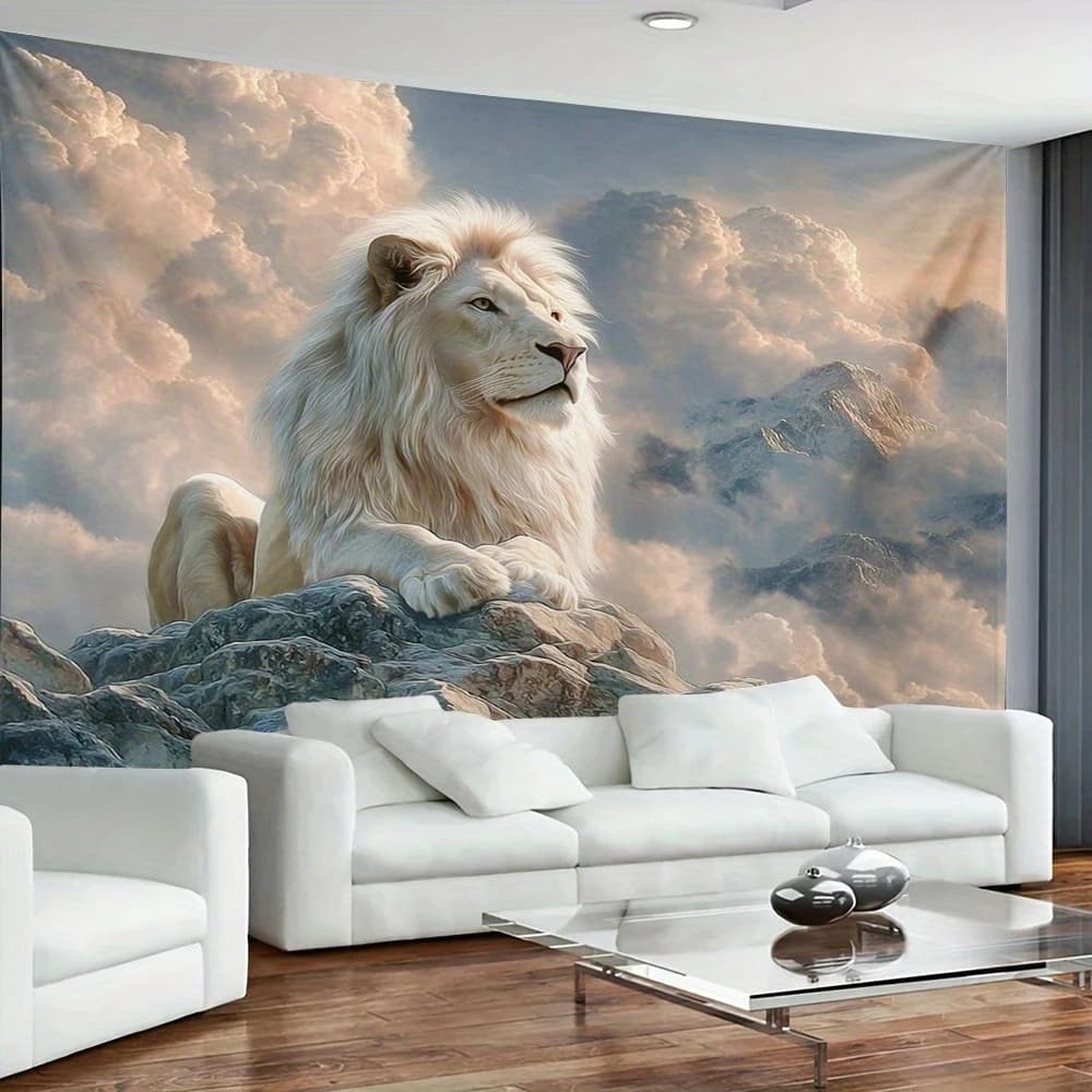 1pc Majestic Rock White Lion Canvas Tapestry - Polyester Fabric, Perfect for Living Room, Bedroom Decoration