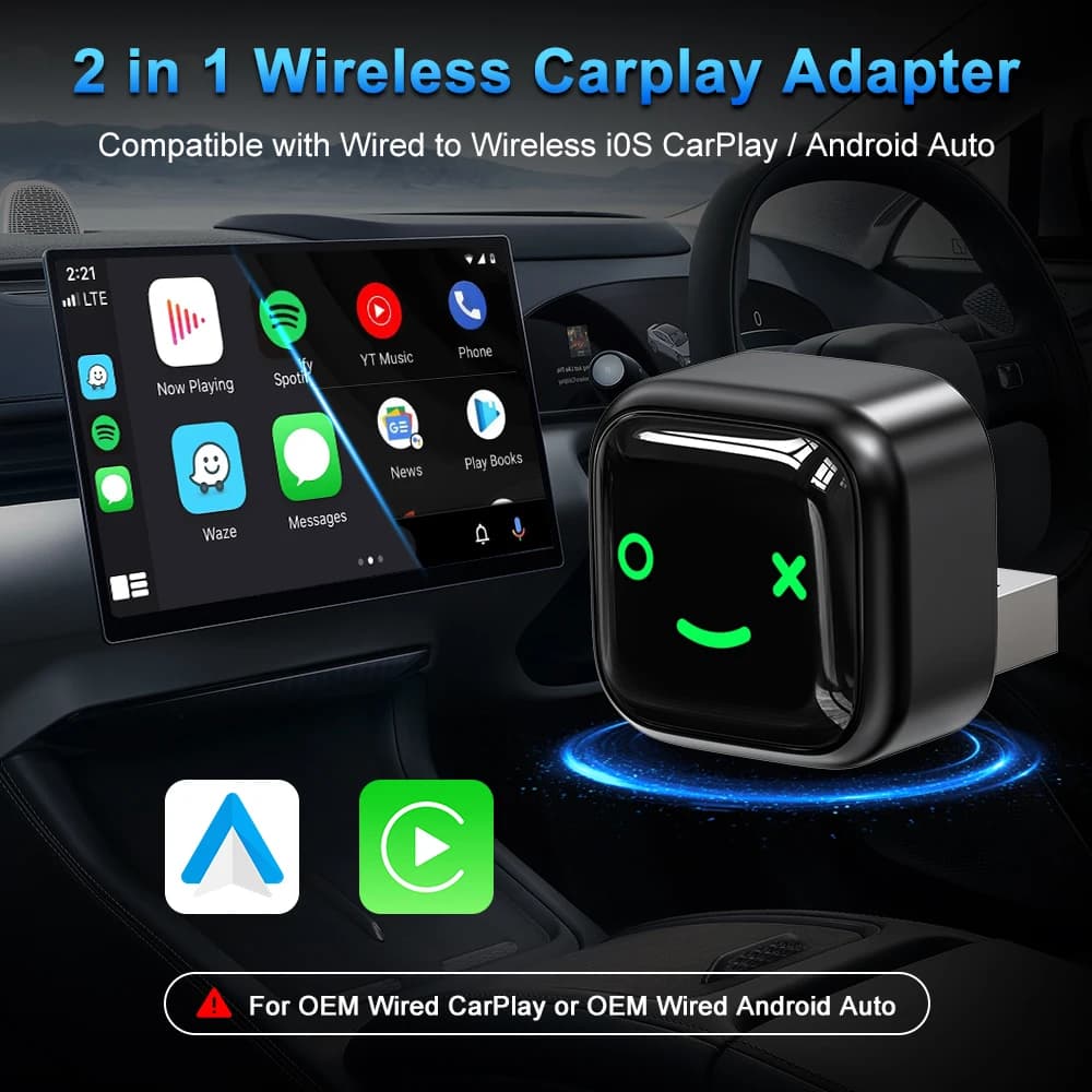 Wireless Dongle CarPlay 2in1 Android Auto Wireless Adapter Compatible with 99% Car Dongle WiFi Smart AI Plug and Play