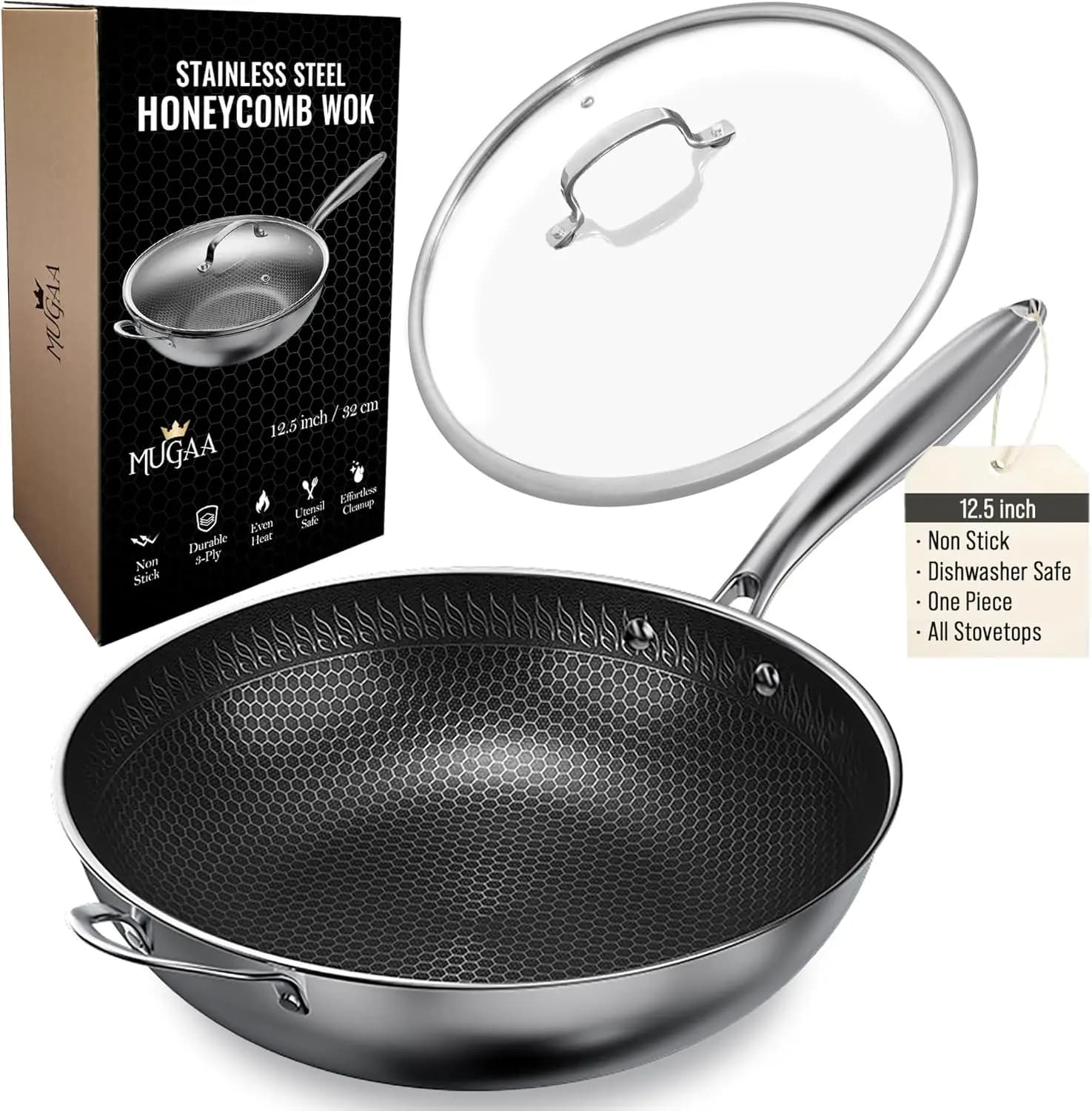 Wok Non-stick stainless steel 12.5 Insulating powders with lid, Hybrid Tri-Ply Nide Plate for Jumping in the pan, Suitable for Induction, Oven and Dishwasher