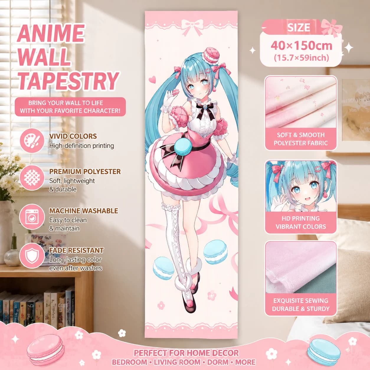 Hatsune Miku Vertical Tapestry, Macaron Dessert Pink Lace Background Vocaloid Long Anime Wall Hanging Bedroom Decor