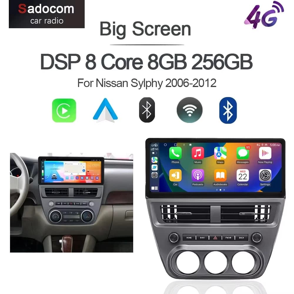 12.3 "QLED 720P 360 8G + 256G Carplay Android 14.0 multimediale Lettore per auto GPS DSP WIFI Stereo autoradio Per Nissan Sylphy 2006-2012
