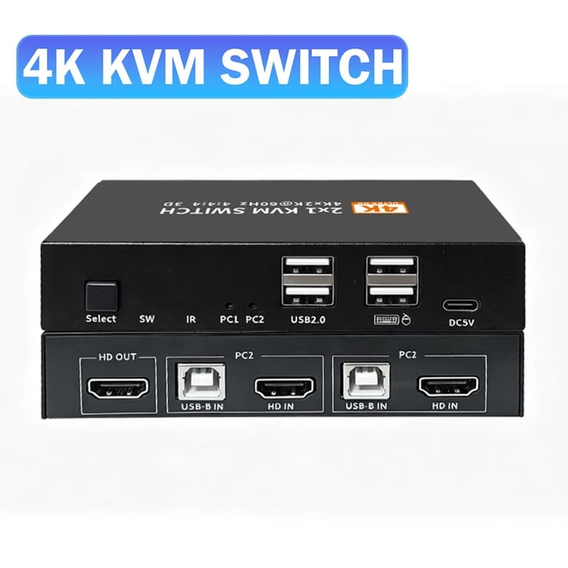 4K@60Hz HDMI KVM Switch 2 in 1 out with 4XUSB Hub HDMI USB KVM Selector Switcher for 2 PC Share 1 Monitor Keyboard Mouse Printer