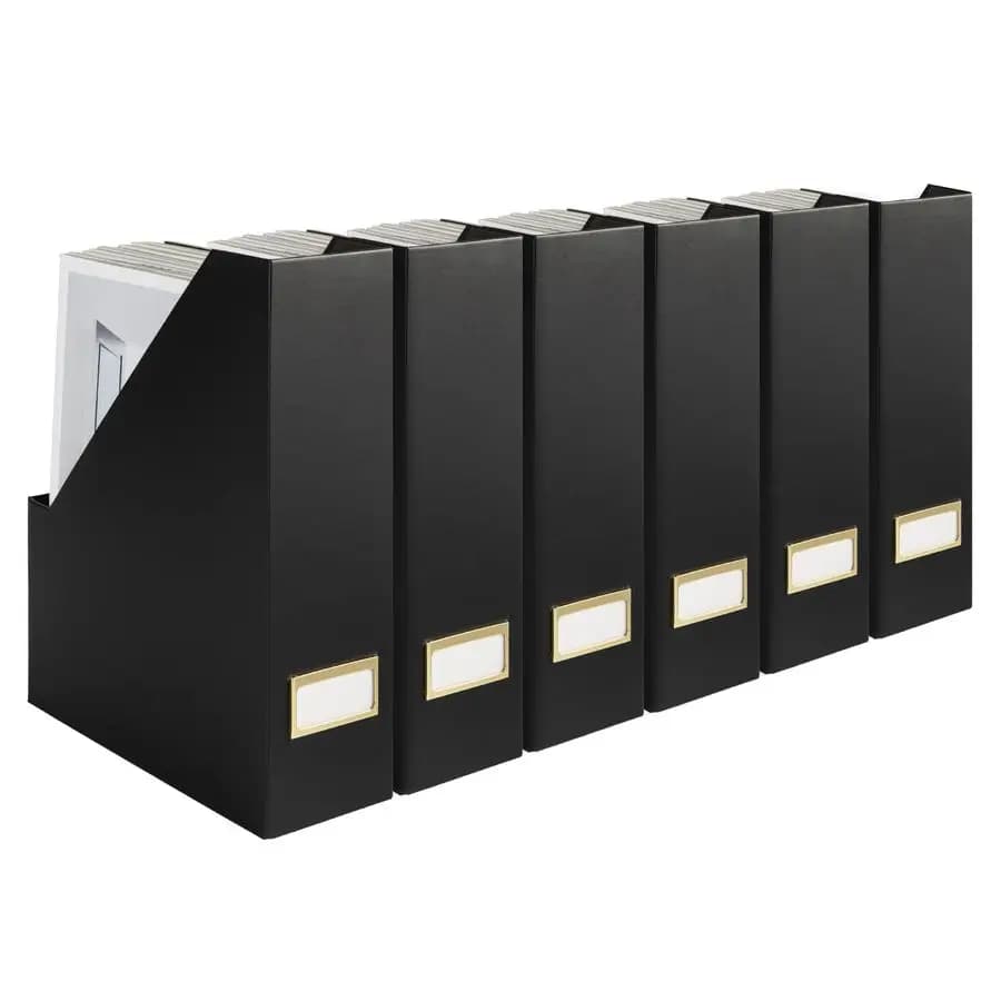 Declutter in Style Set di 6 portadocumenti pieghevoli neri con porta etichette dorate Scatola porta riviste in cartone Amp Desk