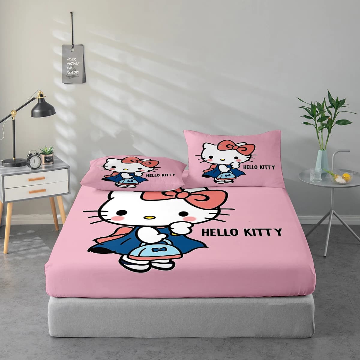 Set di lenzuola con stampa digitale ad alta definizione in 3 pezzi, set di lenzuola con motivo Hello Kitty, set di lenzuola con stampa floreale grande, include 1 lenzuolo con angoli + 1/2 federa, adatto per camera da letto, camera degli ospiti, decorazioni per la casa, lenzuolo con angoli in fibra di poliestere + federa, biancheria da letto ultra morbida, tessuto spesso e ultra morbido, confortevole per tutte le stagioni, lavabile in lavatrice