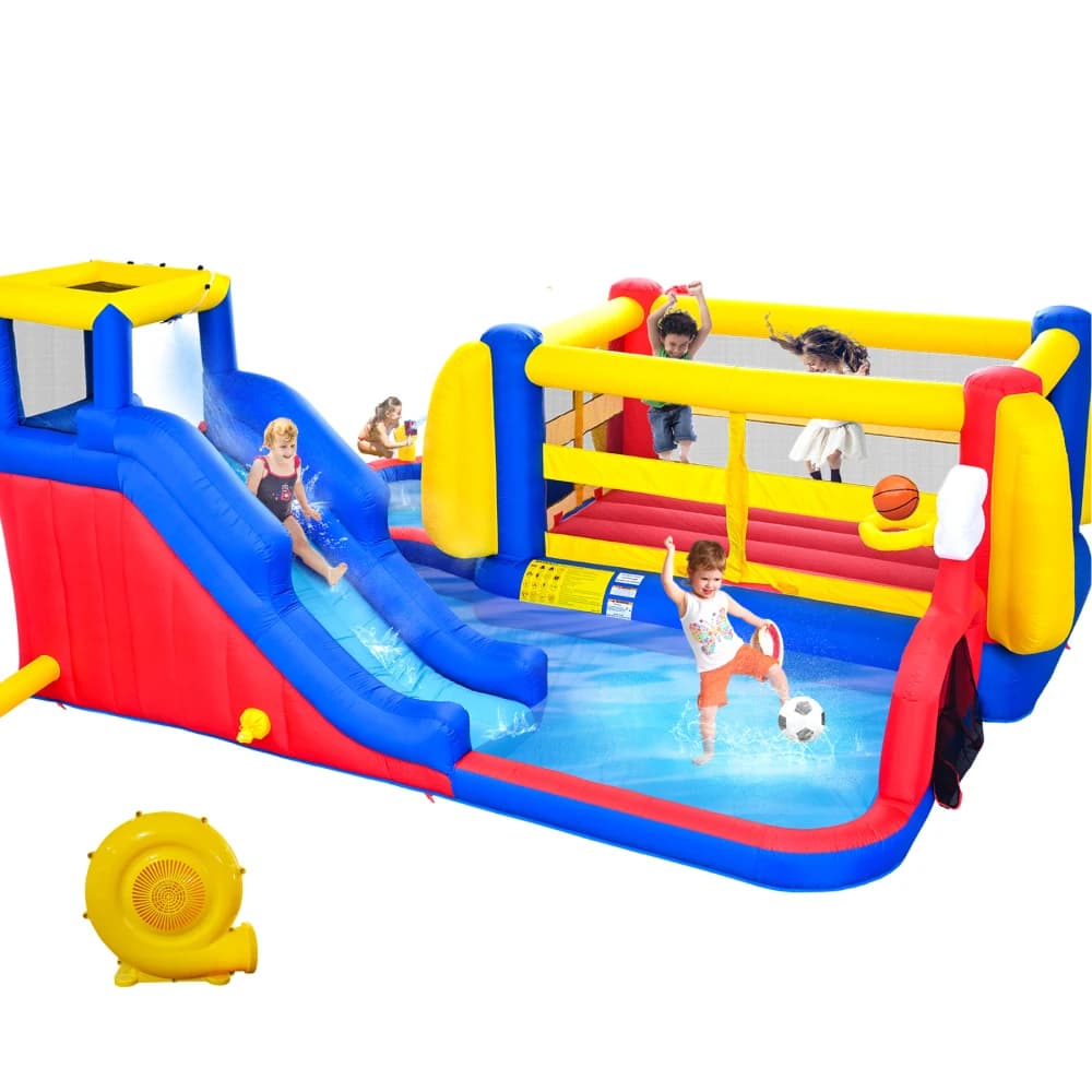 Parco acquatico gonfiabile 7 in 1 con piscina profonda, canestro da basket, porta da calcio, cannone ad acqua, parete da arrampicata e casa gonfiabile.