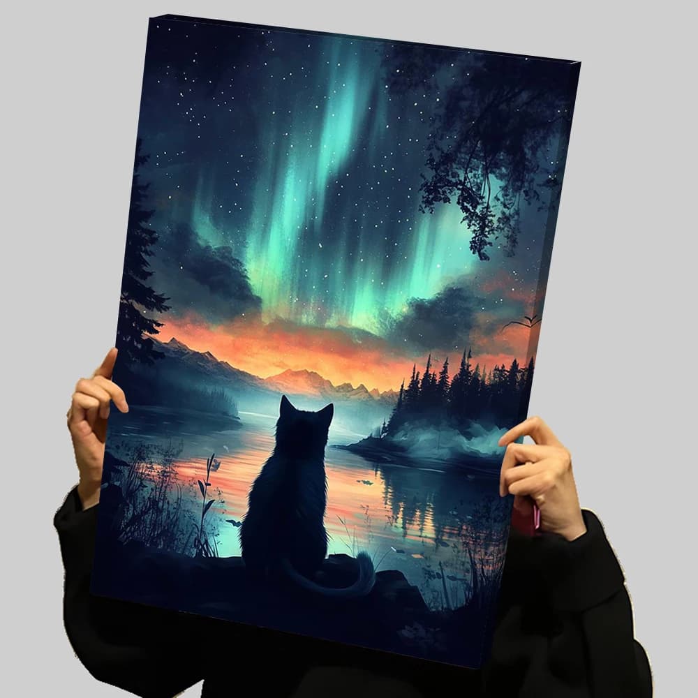 Cat Under Aurora Borealis Northern Lights Prints Poster Custom Canvas Painting Wall Art Bedroom Decoration Aesthetic Home Decor