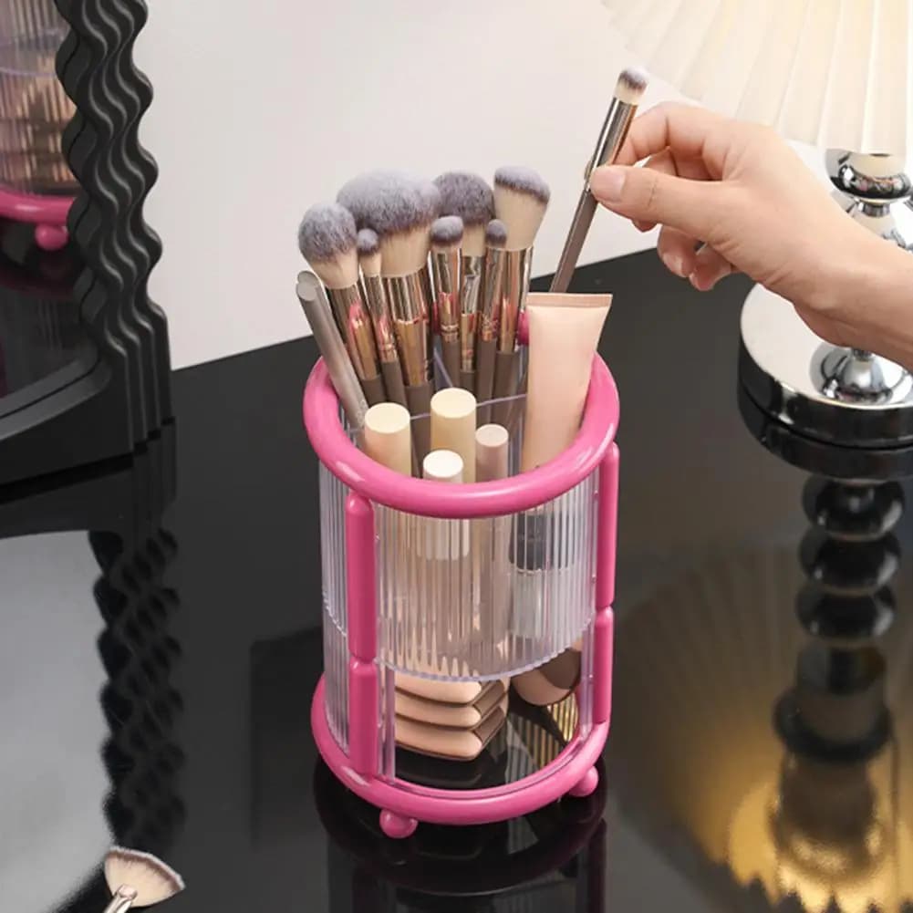 Grazioso porta pennelli da trucco rosa con cassetto, organizer cosmetico trasparente e girevole per pennelli, rossetti e strumenti di bellezza
