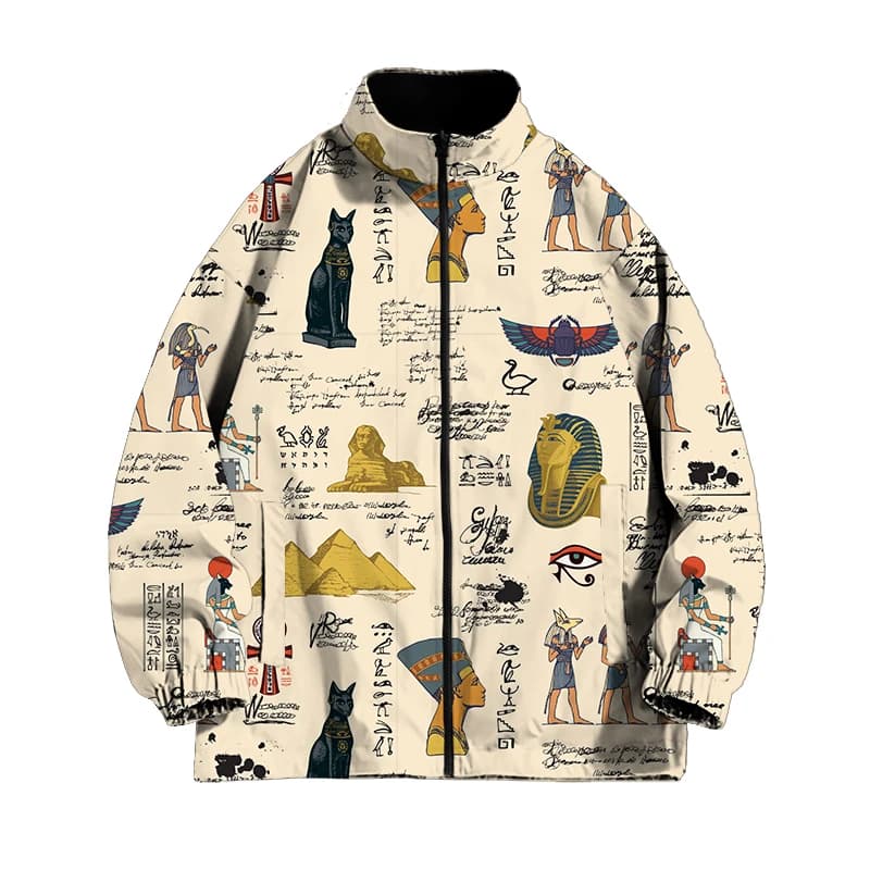 Giacca da Uomo con Motivi Culturali, Zip, Casual, Multicolore, Autunno Inverno, Versatile, in Fibra di Poliestere, Manica Lunga, Collo Alto
