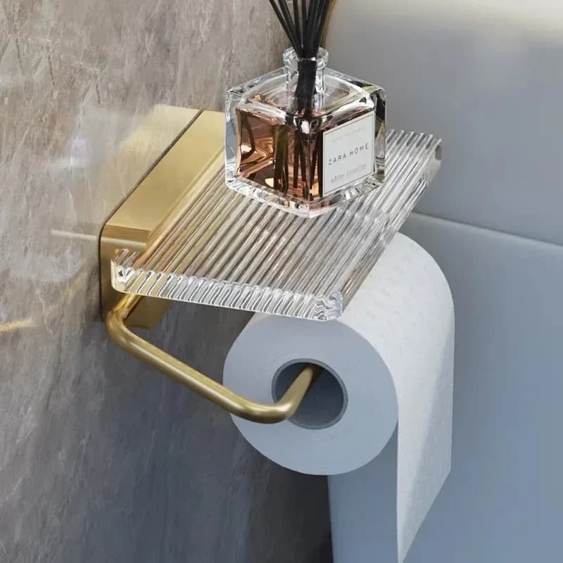 Bathroom Wall-Mounted Punch-Free Acrylic Roll Paper Holder With Shelf Organizer Tissue Hanger，Gold Luxury Toilet Paper Holder