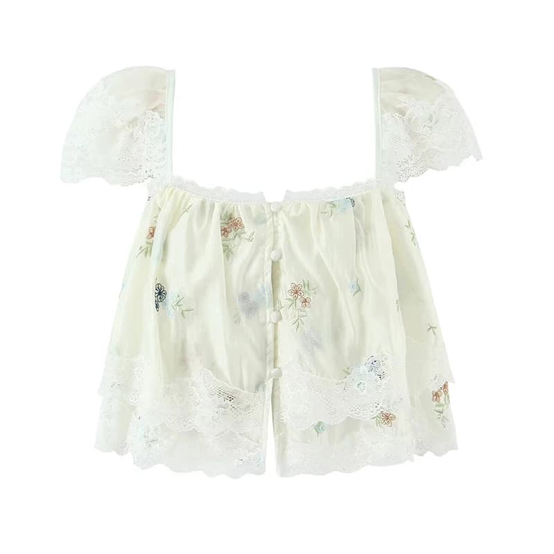 YENKYE Camicetta estiva sexy con ricamo floreale per ragazza dolce, finiture in pizzo, collo quadrato, manica corta, top corto per le vacanze