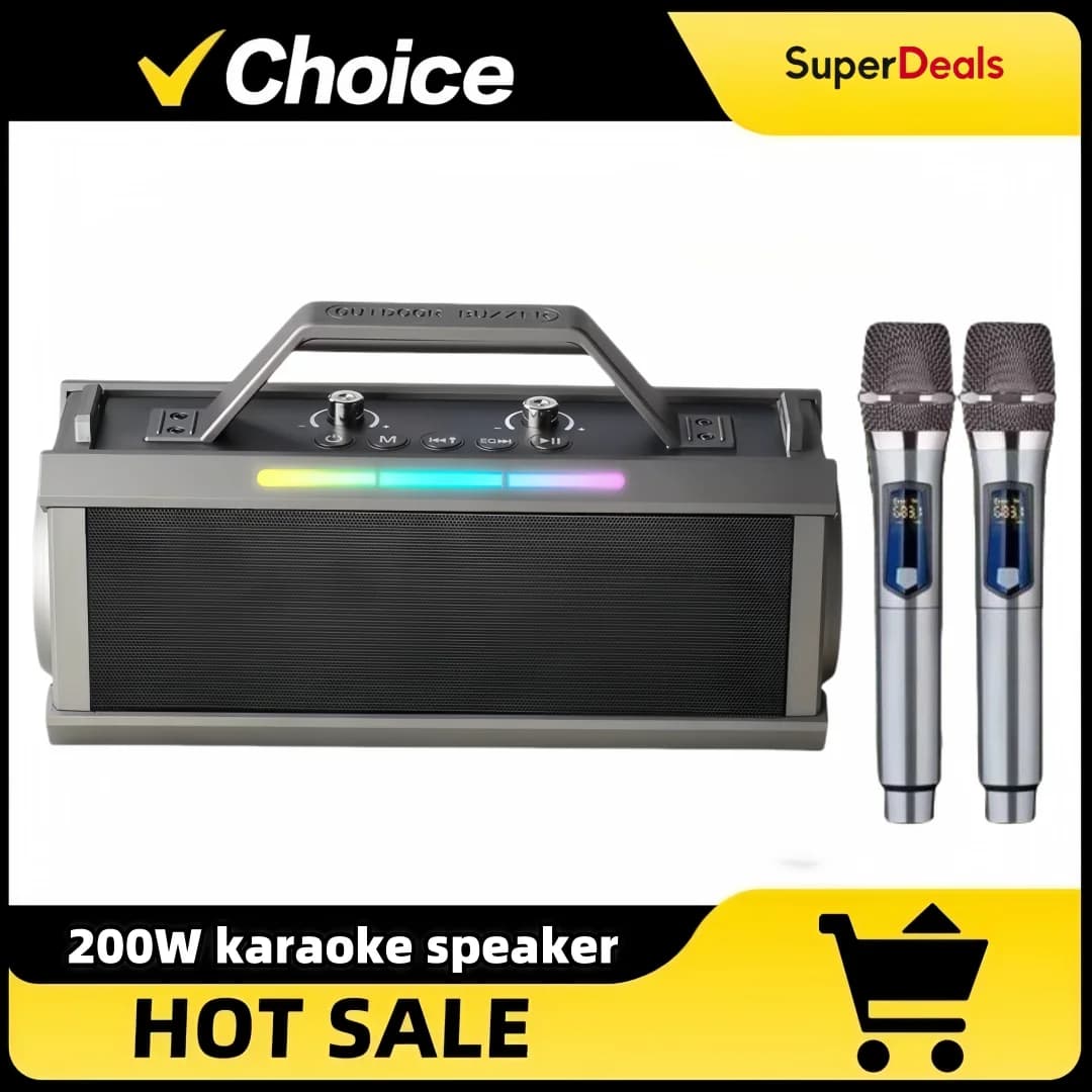 Potente amplificatore vocale da 200 W con 2 microfoni wireless, altoparlante audio Big Pro, supporto macchina per karaoke Scheda BT/USB/TF/Aux