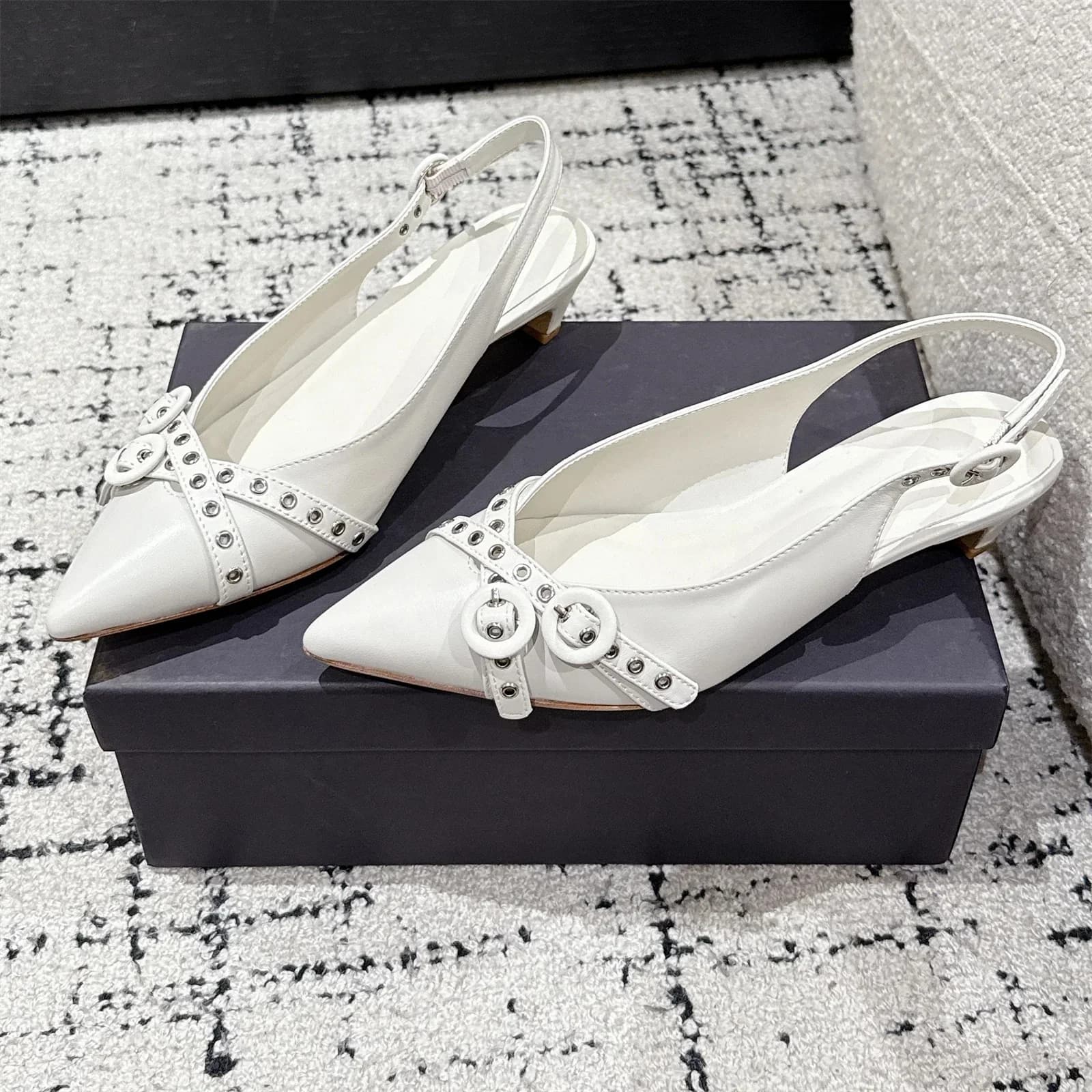 2026 Newest Summer Genuine Leather Pointed-Toe Kitten Heel Slingback Woman Sandals Butterfly-Knot Decora Dress Pumps Botas Mujer