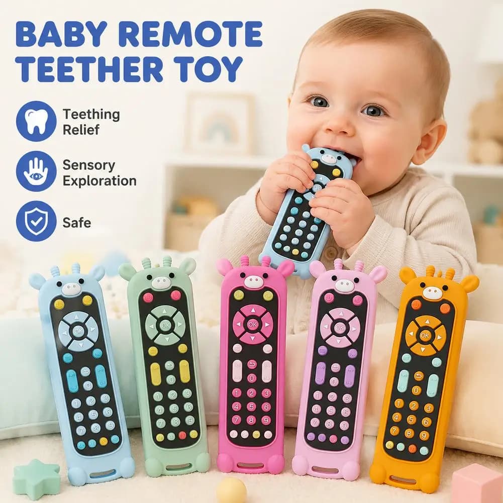 Baby Teether Silicone TV Remote Control Toy Food Grade BPA Free Teething Chew Sensory Infant Toddler 0 6 12 Months Shower Gift