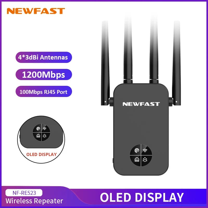 Nuovo Ripetitore WiFi Newfast 1200Mbps 2.4G&5G, Estensore Wireless Domestico con Display OLED, 4 Antenne 3dBi, Amplificatore di Segnale WiFi, Router/AP