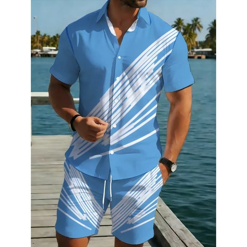 Men's light blue striped shirt and shorts set2Set，Suitable for casual wear on beach vacations，Breathable and comfortable polyest