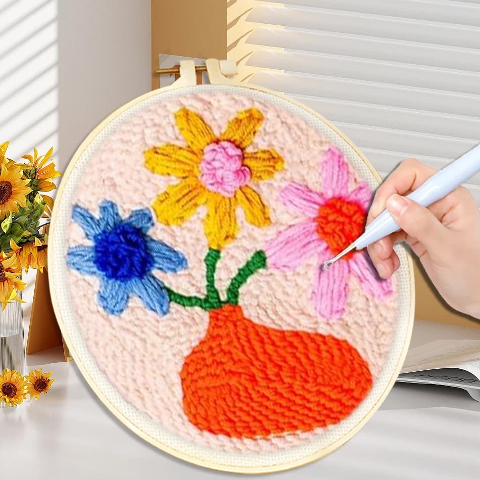 CHENISTORY punch needle embroidery Simple Flowers Package Embroidery Punch Needle Kit for Beginners Sewing Diy Poke Handmade