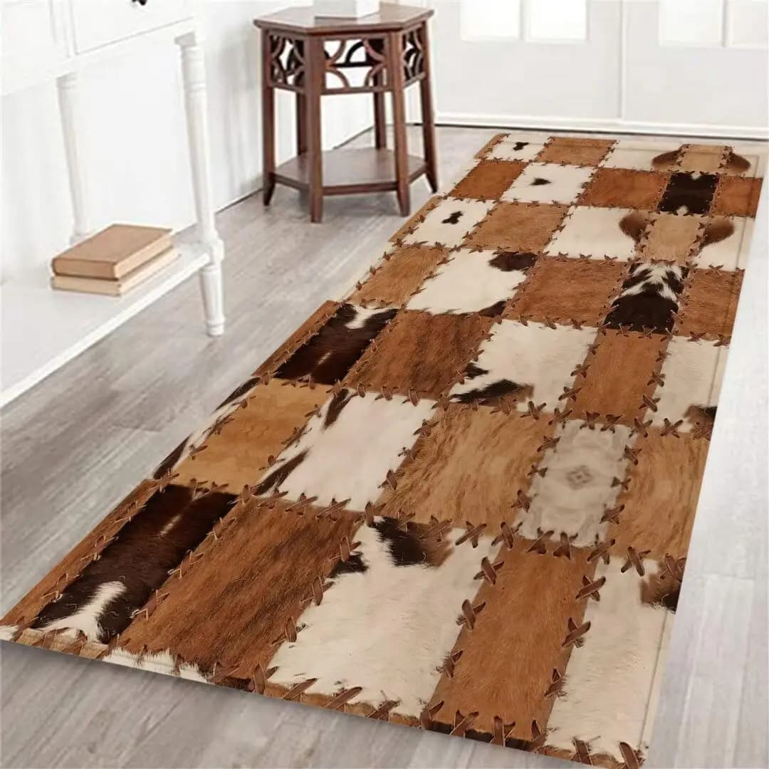 Tappeto da Cucina con Stampa Patchwork Western e Pelliccia di Mucca, Zerbino d'Ingresso, Tappeto per Camera da Letto, Tappetino Antiscivolo per Bagno, Decorazione per la Casa