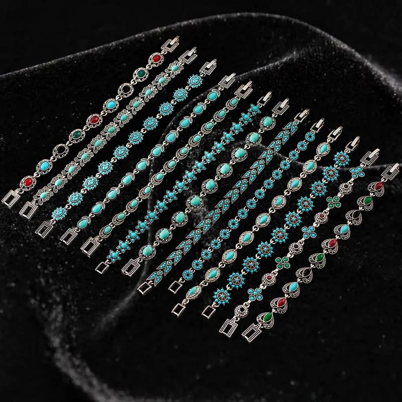 2026 New Fashionable Retro Bohemian Style Colored Turquoise Chain Wedding Jewelry Gift Women Retro Link Bracelet Birthday Gift