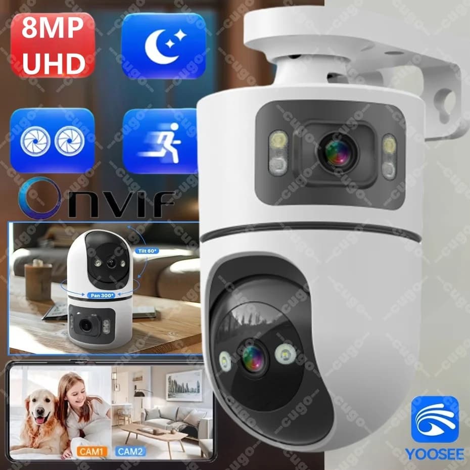Telecamera IP WiFi 8MP con Staffa Regolabile, Doppia Lente, Telecamere di Sorveglianza Wireless, Onvif, Zoom 10X, Baby Monitor, Mini Cam
