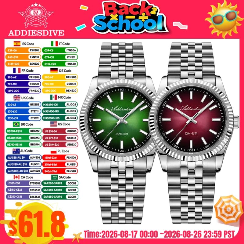 ADDIESDIVE 36mm Luxury Men's Watch BGW9 Bright Jubilee Strap 10Bar Waterproof Sapphire Glass Movement VH31 Quartz watch Reloj
