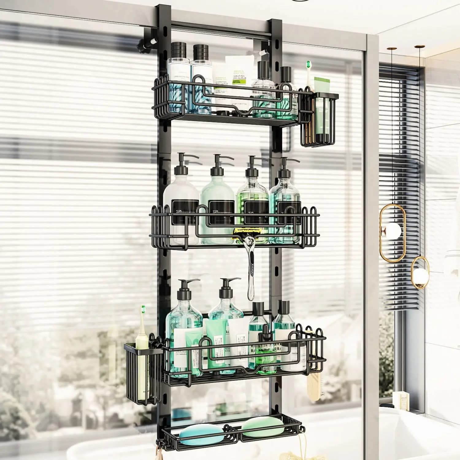 Organizzatore da Bagno a 4 Ripiani da Appendere alla Porta con 22 Ganci e 2 Porta Spazzolini, Regolabile Senza Foratura, Nero