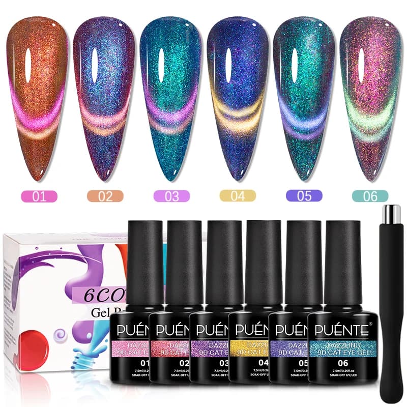 PUENTE 6 pz/set Aurora Glitter 9D Gatto Gel Magnetico Smalto Per Unghie Con Magnete Soak Off UV Nail Art Vernice Kit Per La Manicure