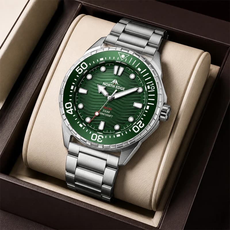 NORTH EDGE 2026 NEW+ TRITON Solar-Powered Diving Watch Luxury Quartz Watches For Men 300M Waterproof 180+ Day Power Solar Energy