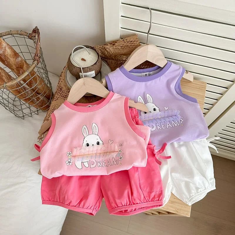 2-8T Toddler Kid Baby Girl Clothes Set Sleeveless Tank Top Rabbit Print T Shirt Shorts Set Cute Sweet Flower Two Piece Set