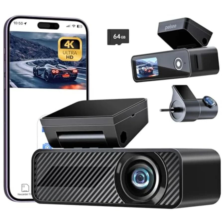 Dash Cam P1 Duo 4K Anteriore e Posteriore con Scheda SD 64GB, Telecamera Doppia 4K+1080P per Auto, Controllo Wi-Fi tramite App, Display IPS da 1.5 Pollici