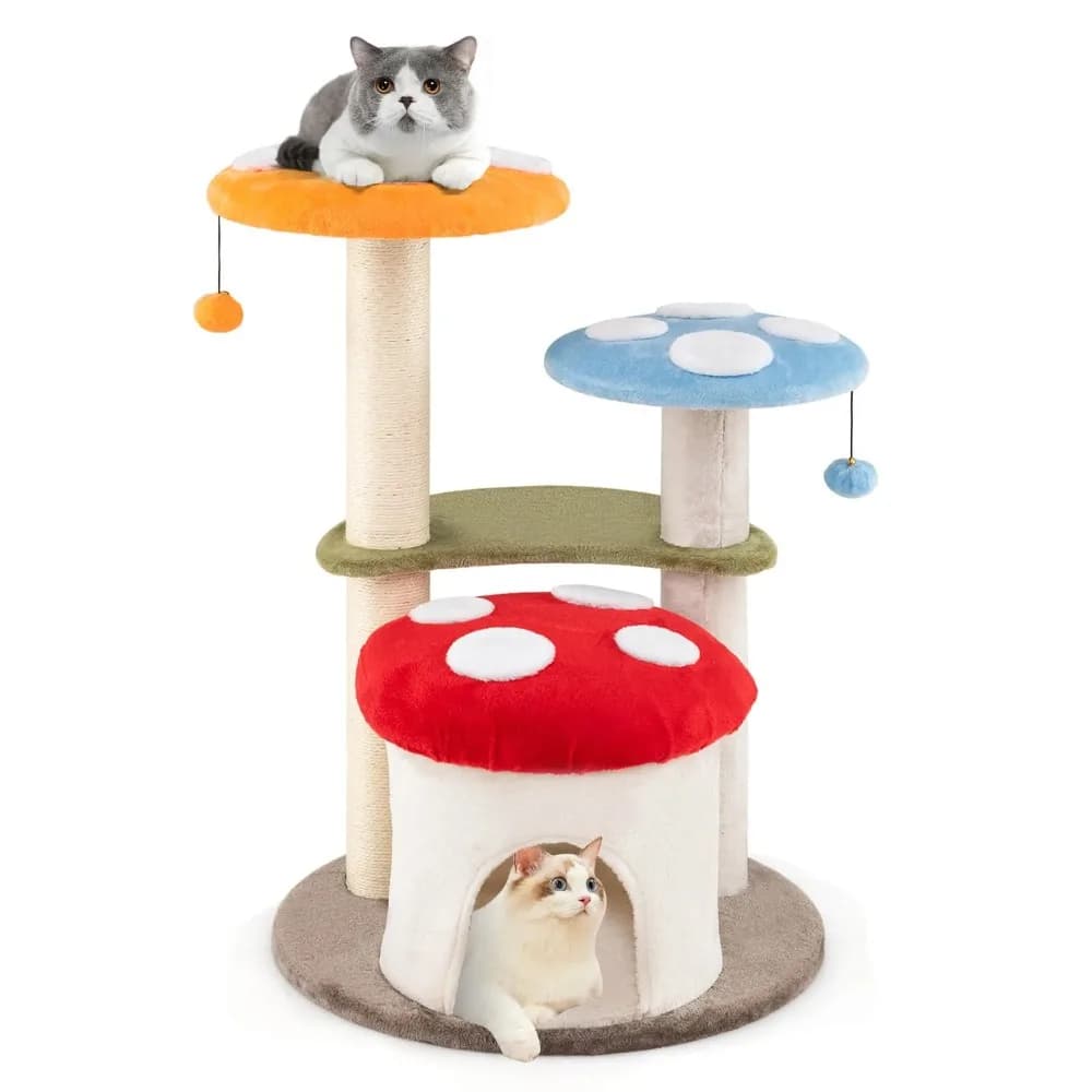 Simpatico Albero per Gatti a Forma di Fungo, 89 cm di Altezza, con Tiragraffi in Sisal e Cuccia per Gatti