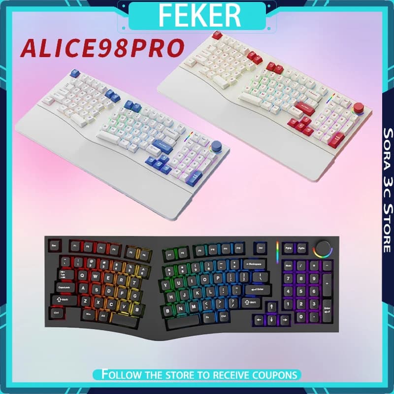 FEKER Alice98pro Tastiera meccanica Alien ergonomica 3 ° Pendenza RGB sostituibile a caldo con tastiera da ufficio da gioco personalizzata con supporto manuale